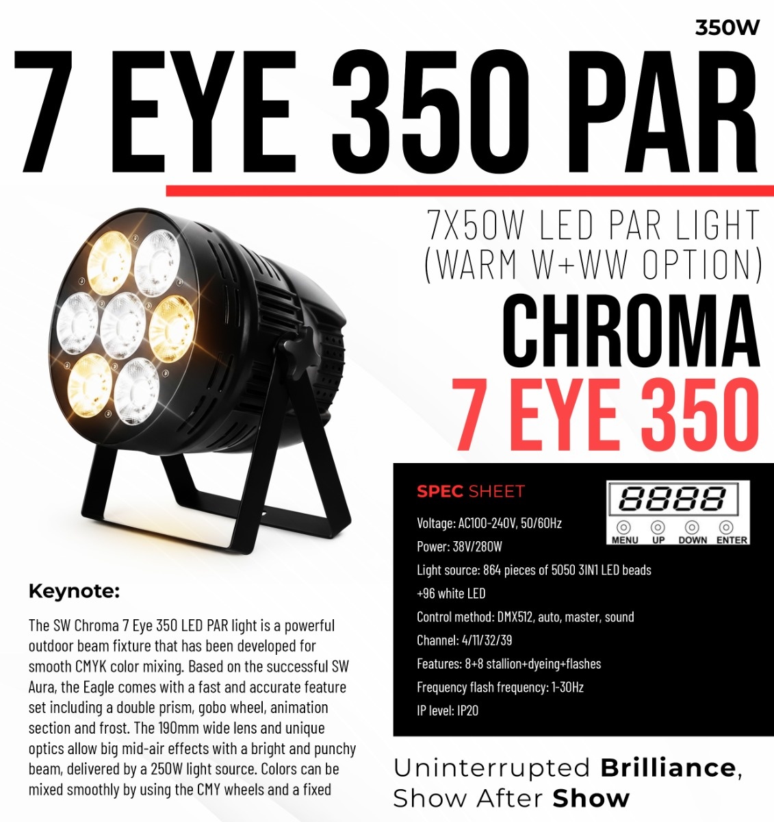 AI CHROMA 7 EYE - 350 7-Cell High-Power Stage Blinder PAR - Official Specification Sheet