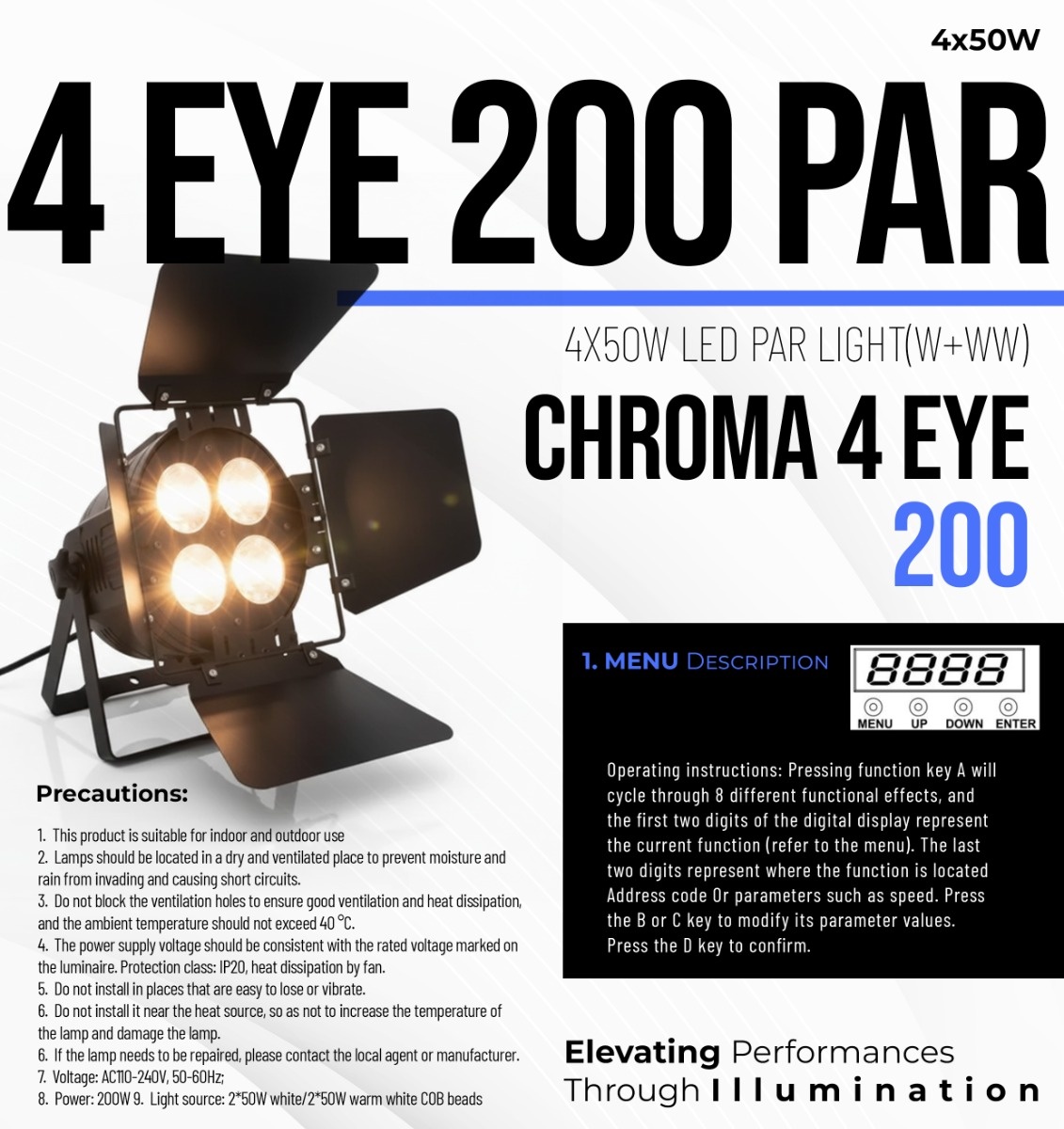 AI CHROMA 4 EYE - 200 4-Cell COB Audience Blinder Light - Official Specification Sheet