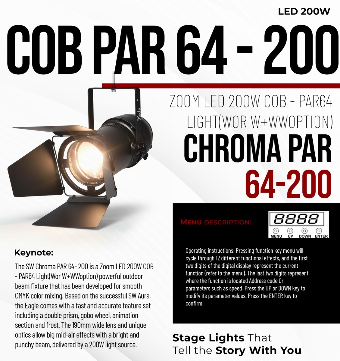 Zoom LED 200W COB PAR64 Light - Official Specification Sheet
