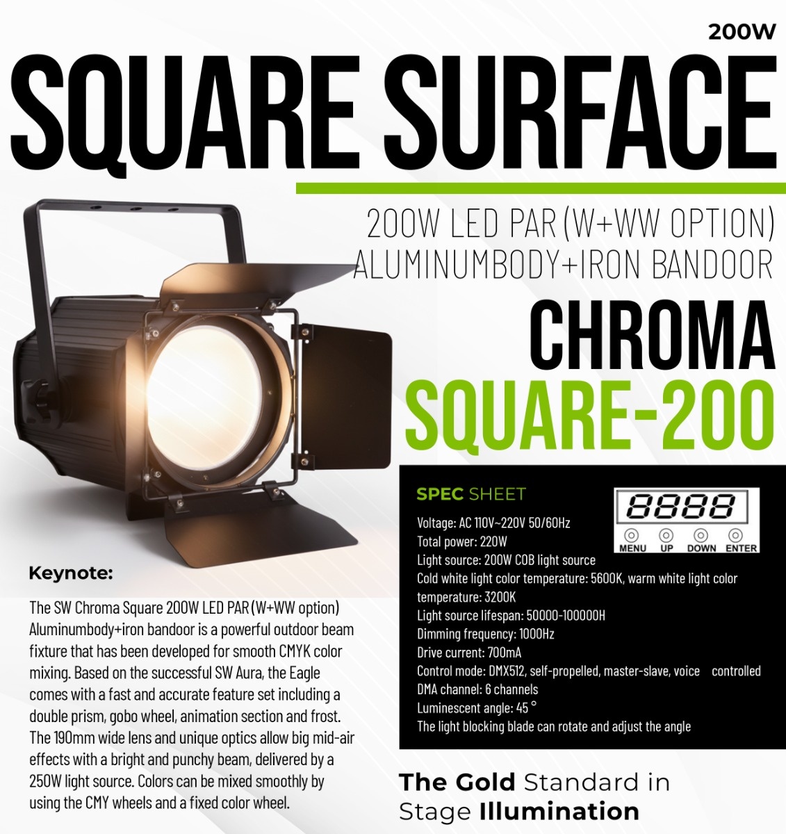 AI CHROMA SQUARE - 200 200W LED Square Face Profile Light - Official Specification Sheet