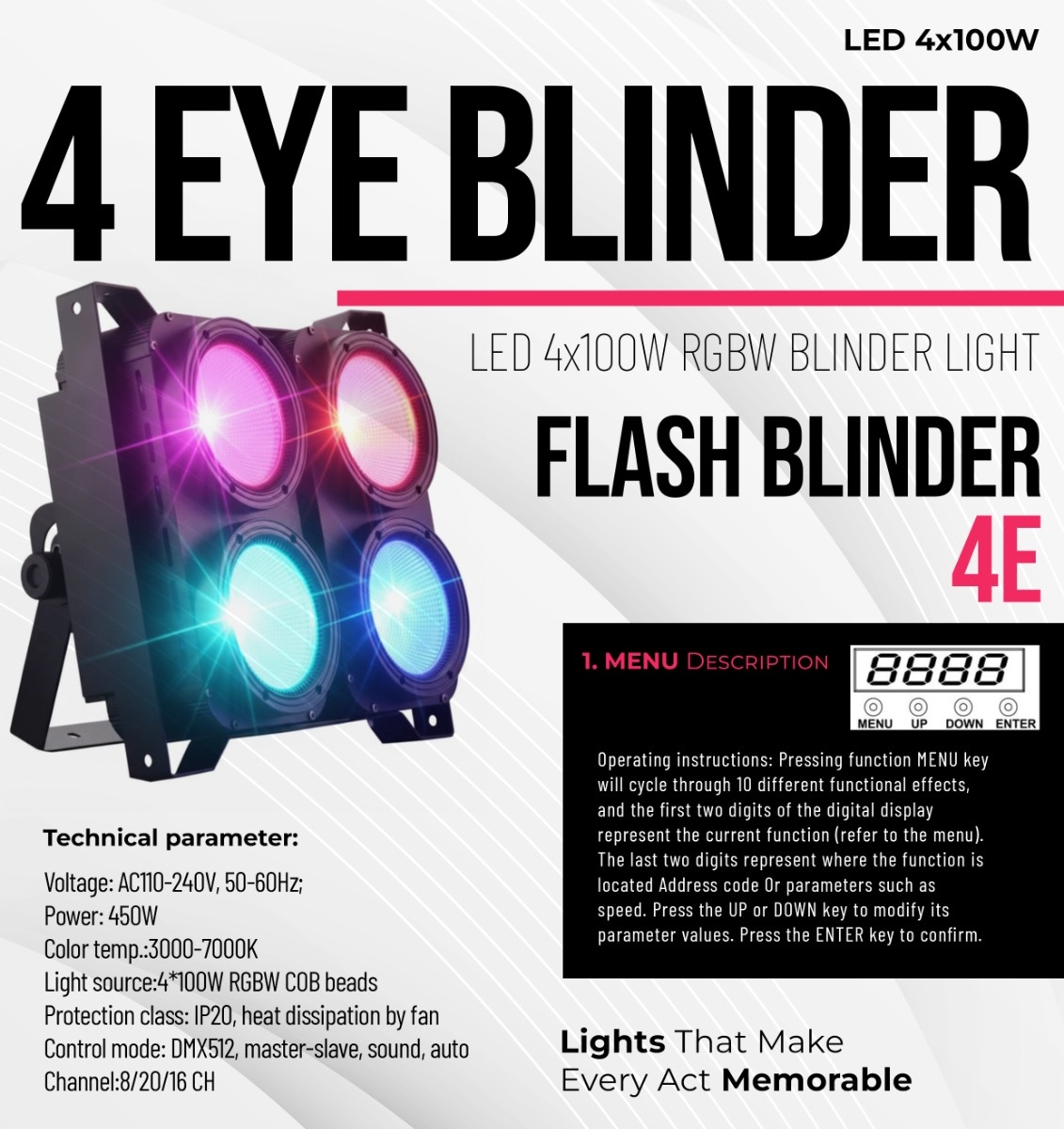 AI FLASH RGB BLINDER - 4E 400W RGBW Audience Stage Blinder - Official Specification Sheet