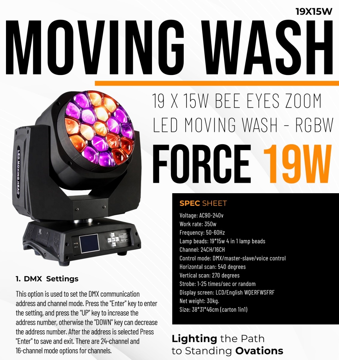 19X15W RGBW LED Aura Wash Zoom Moving Head Stage Light - Official Specification Sheet