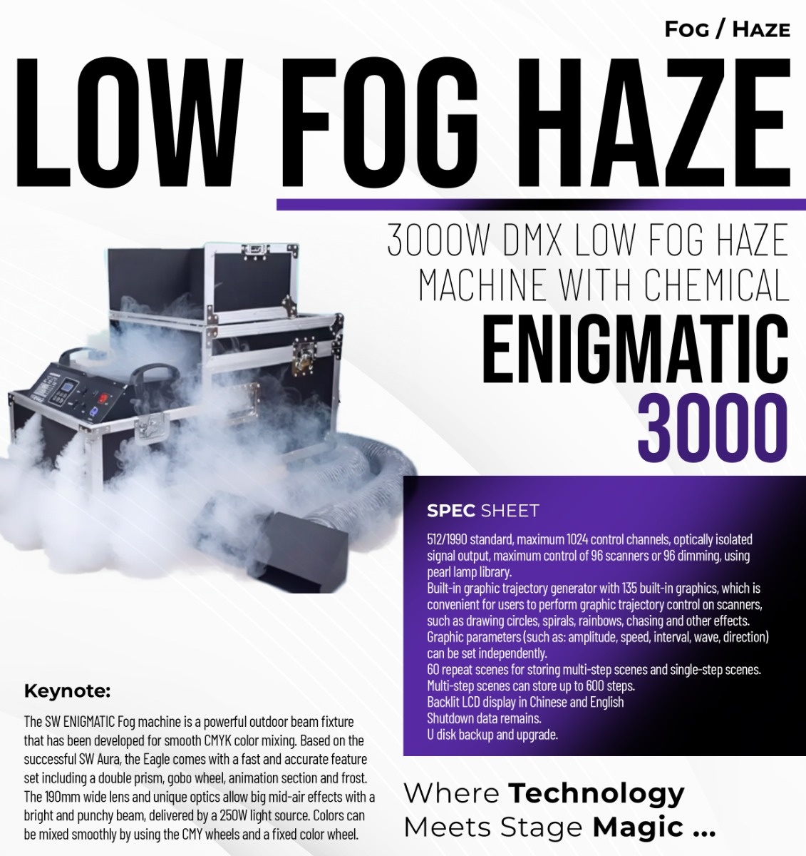 ENIGMATIC 3000 DMX 3000W Low-Lying Fog & Haze Machine - Official Specification Sheet