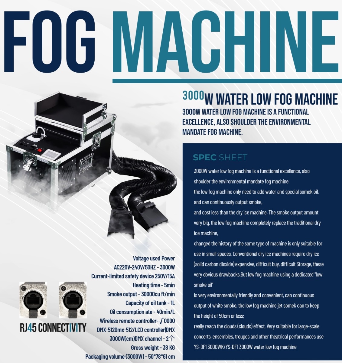 Stage Works 3000W DMX Low Fog Machine(MODEL NO. ENIGMATIC -3000) - Official Specification Sheet