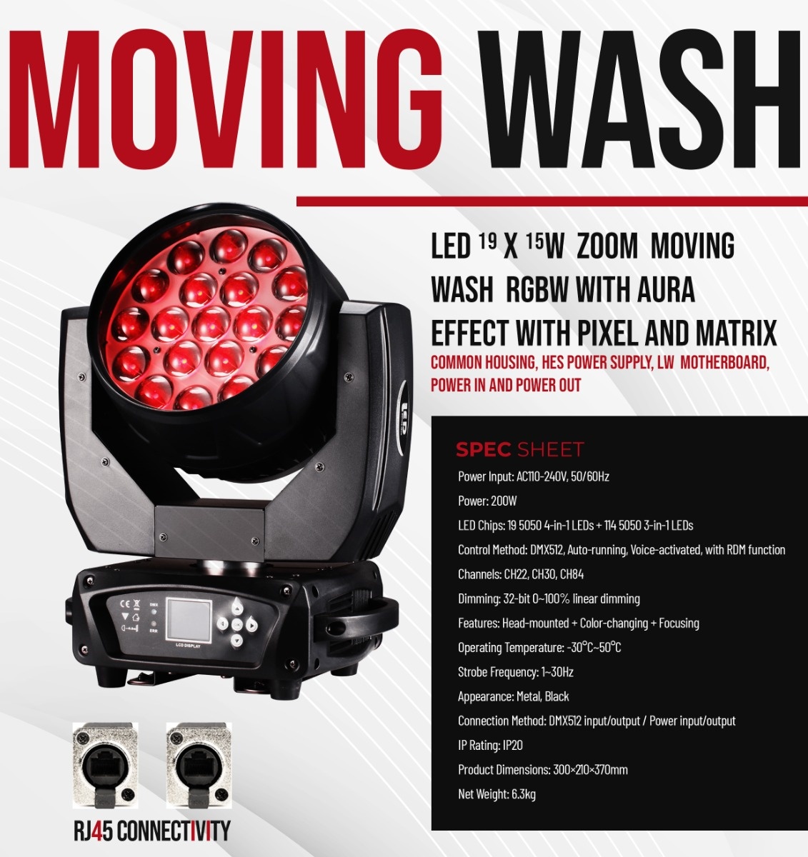 19 X 15W bee eyes Zoom LED moving Wash RGBW with AURA effect With Pixel and Matrix - Official Specification Sheet