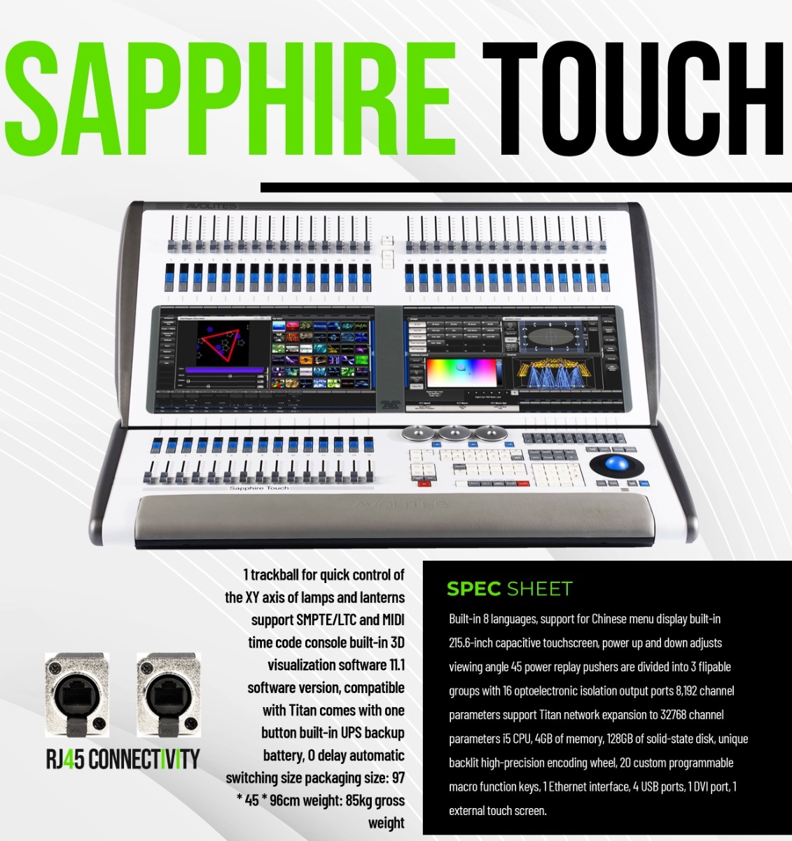 AURA TT2X Professional DMX Lighting Console (Titan OS 15.6" Touchscreen) - Official Specification Sheet