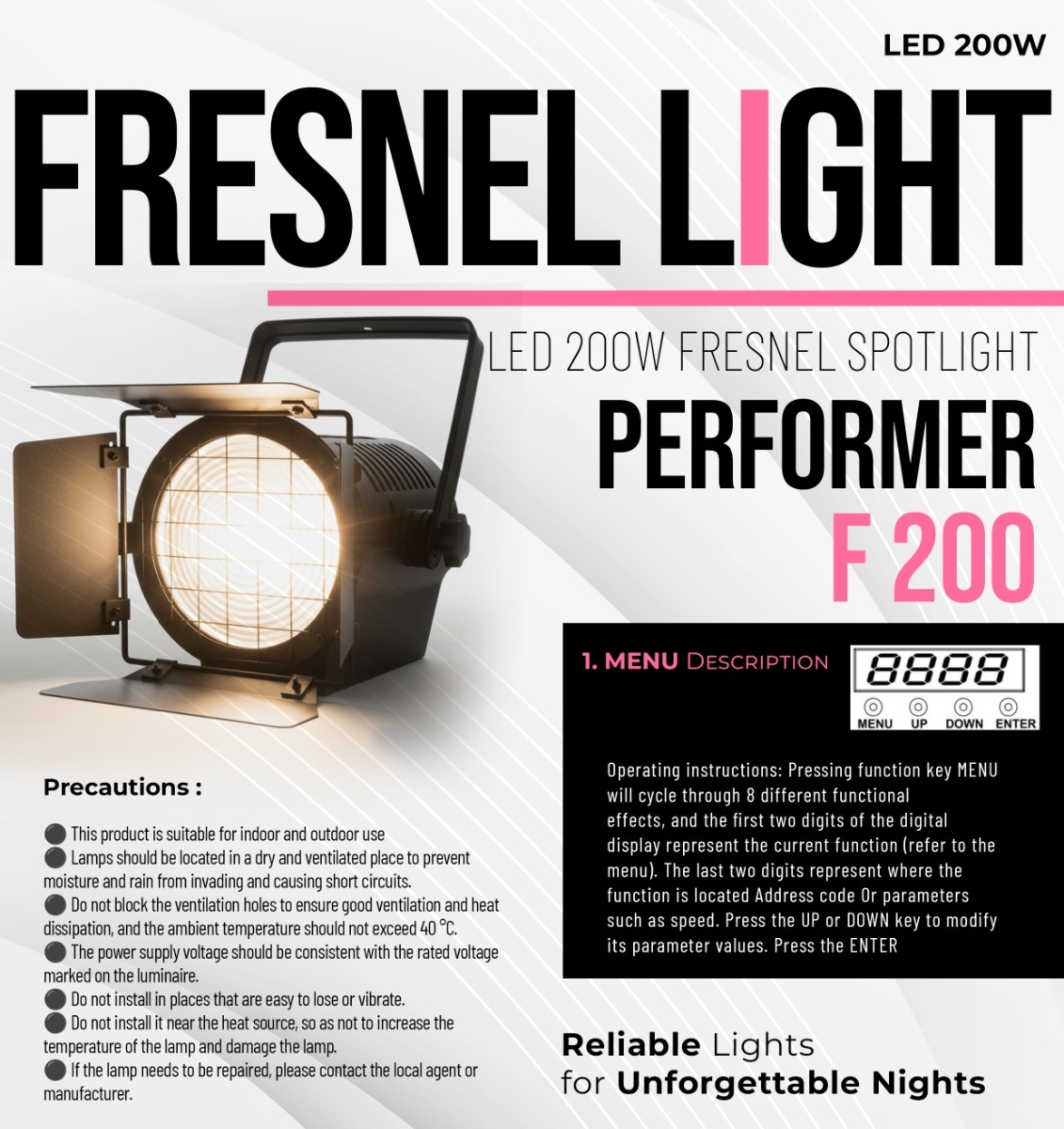 LED 200W FRESNEL LIGHT (W or W+WW option) - Official Specification Sheet