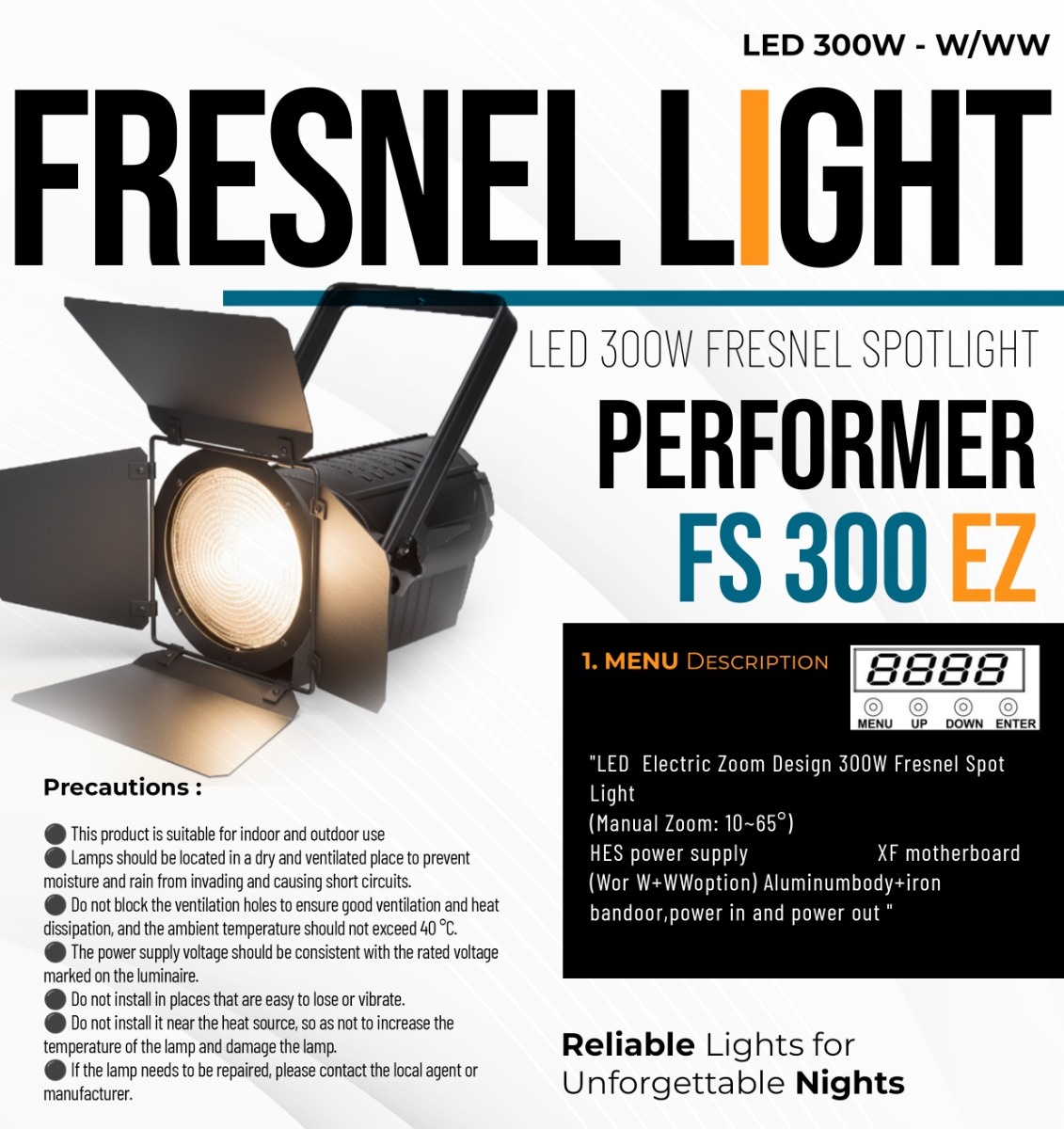 AI PERFORMER - FS 300 EZ 300W Motorized Electronic Zoom Fresnel Spotlight - Official Specification Sheet