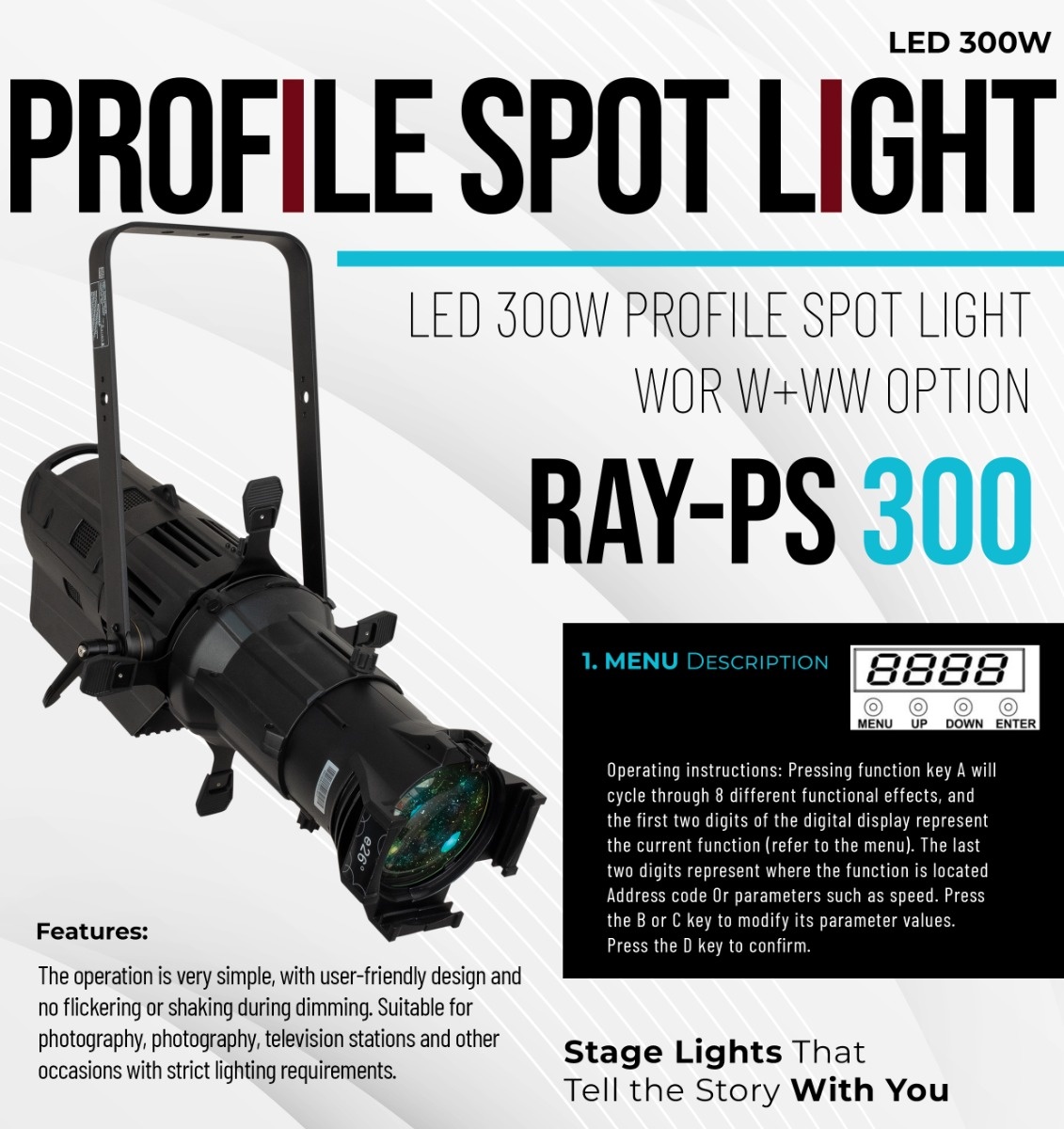 AI RAY - PS 300/FF Fixed Focus 300W COB Profile Spotlight - Official Specification Sheet