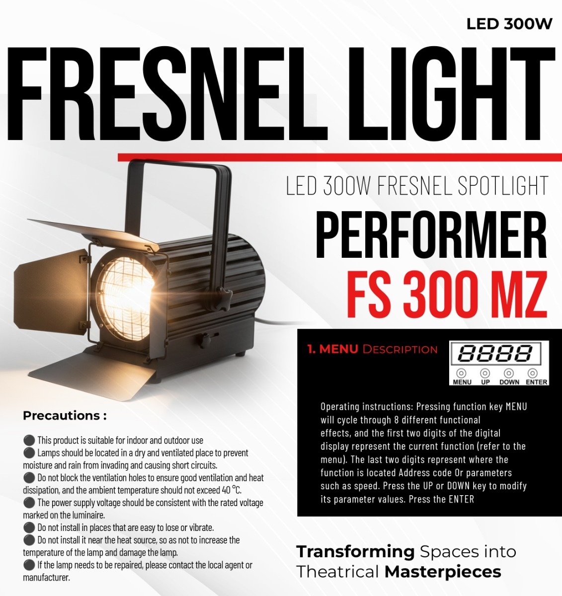 AI PERFORMER - FS 300 MZ 300W Fresnel Spotlight with Manual Zoom - Official Specification Sheet